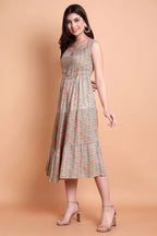 Women Green Floral Printed Viscose Rayon Midi Dress | Sleeveless A-Line Casual Dress