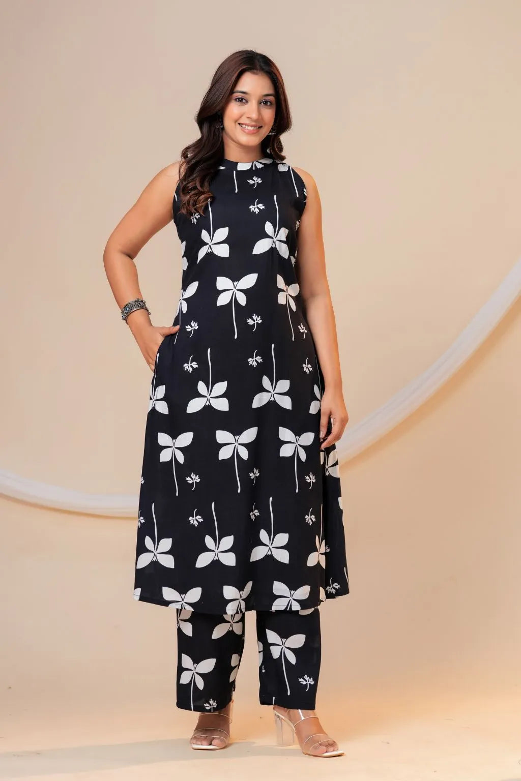 Women's Black Printed Viscose Rayon Kurta Pant Co-Ord Set