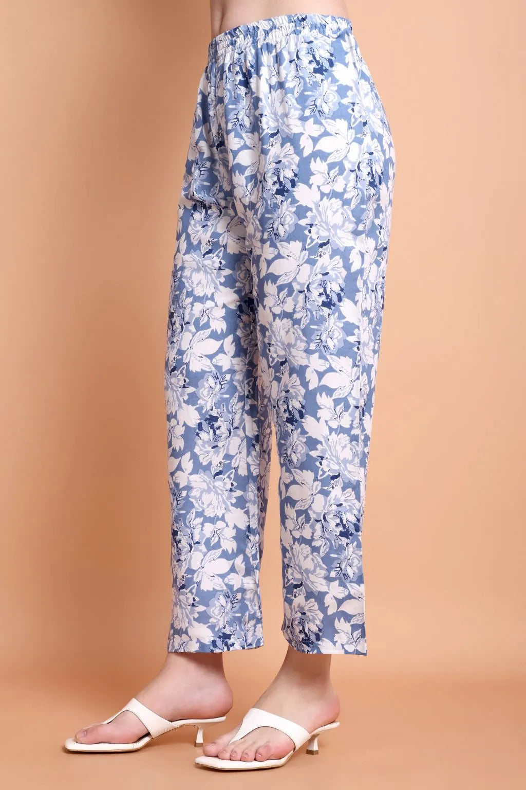 Women Blue Floral Printed Viscose Rayon Kurta Set | Shirt Collar Kurti with Pants