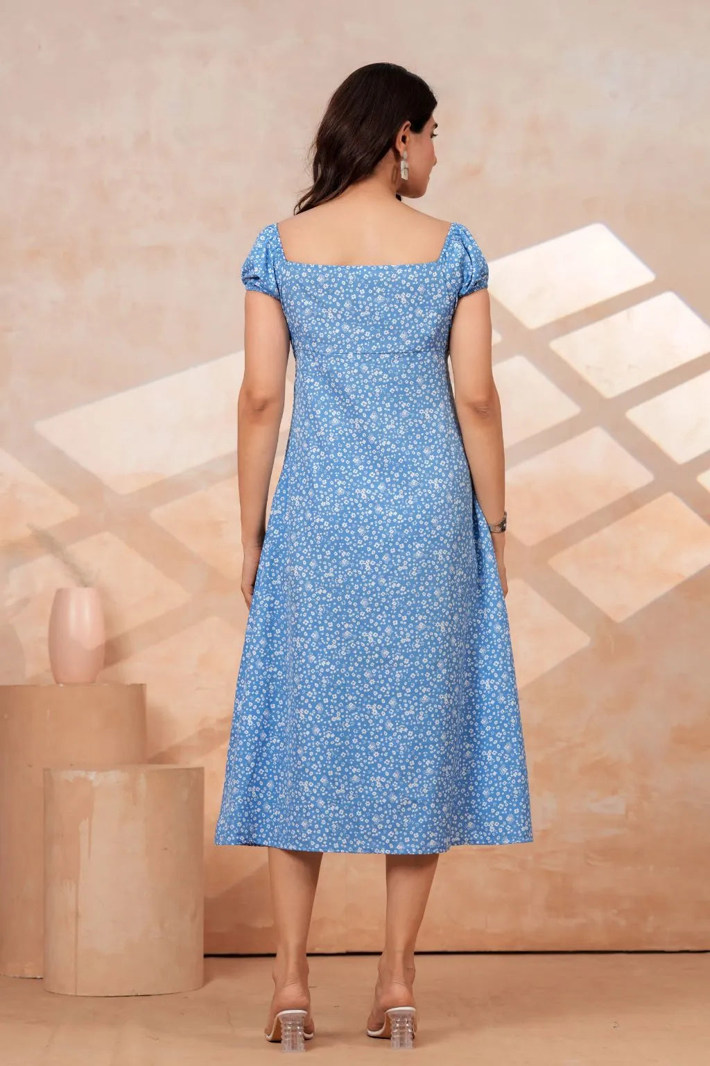 Blue Floral Printed Rayon Midi Dress with Side Slit
