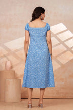 Blue Floral Printed Rayon Midi Dress with Side Slit