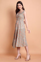 Sea Green Floral Printed Sleeveless Midi Dress for Women