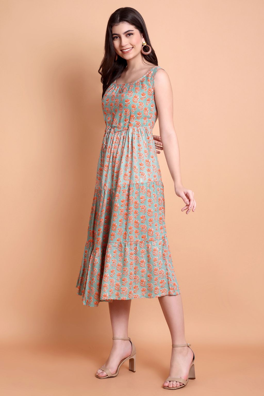 Sea Green Floral Printed Sleeveless Midi Dress for Women