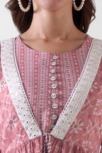 Pink Printed Viscose Rayon Tiered Midi Dress for Women