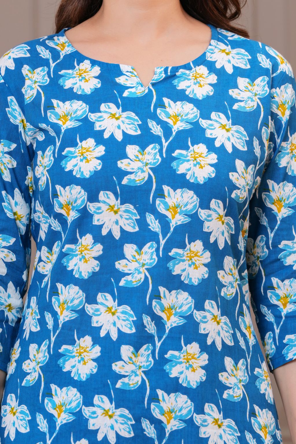 Blue Floral Printed Cotton Kurta Pant Set for Women