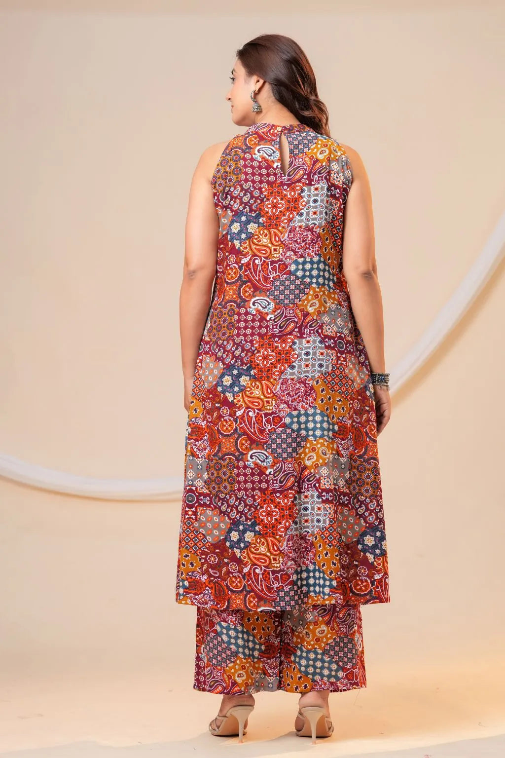 Rust Multi-Print Viscose Rayon A-Line Kurta Set for Women
