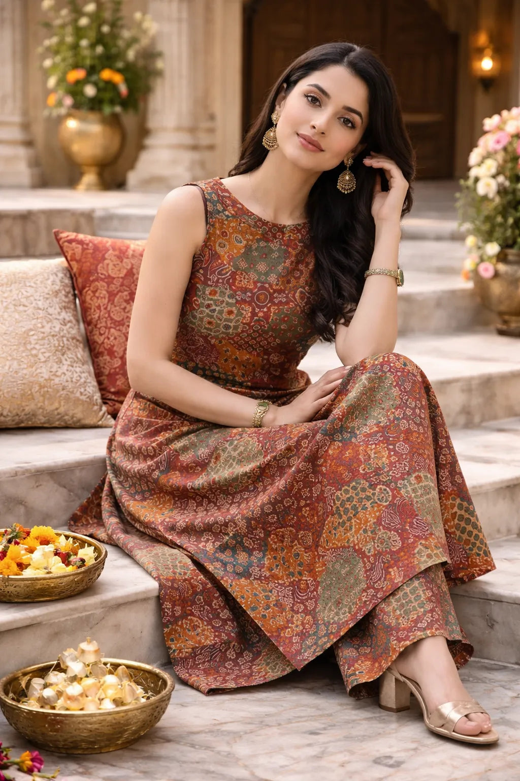 Rust Multi-Print Viscose Rayon A-Line Kurta Set for Women
