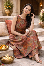 Rust Multi-Print Viscose Rayon A-Line Kurta Set for Women