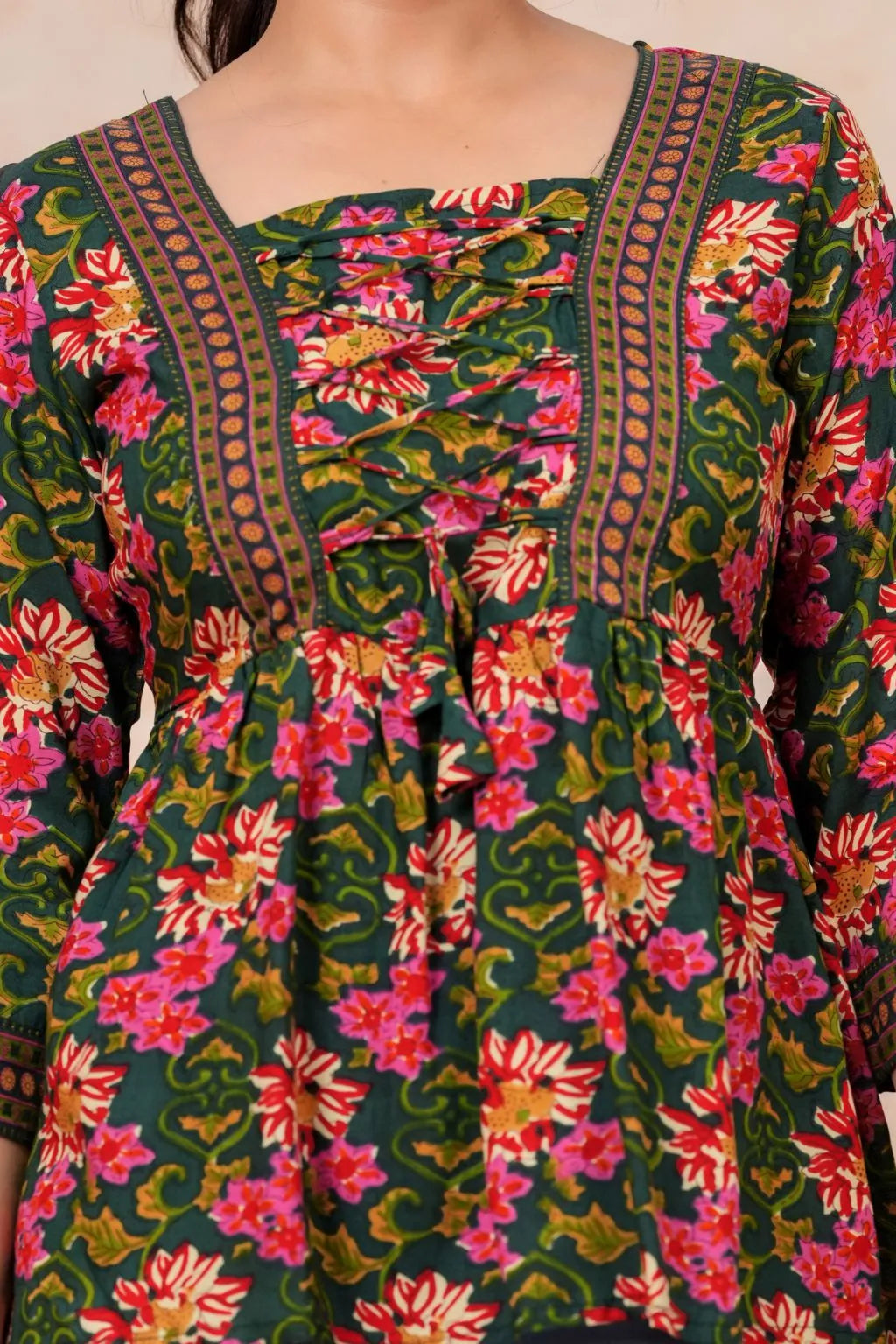 Women's Floral Printed Rayon Peplum Top | 3/4 Sleeves | Lace-Up Front Detail
