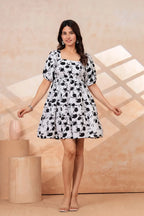 Women's Black & White Floral Print Fit & Flare Mini Dress