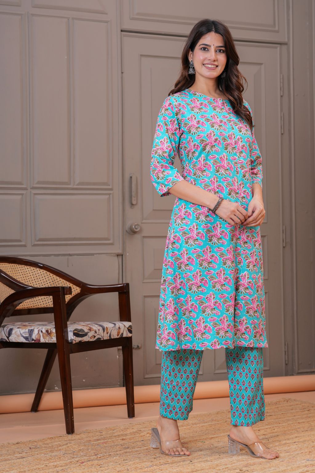 Turquoise Floral Printed Pure Cotton Kurta Pant Set for Women