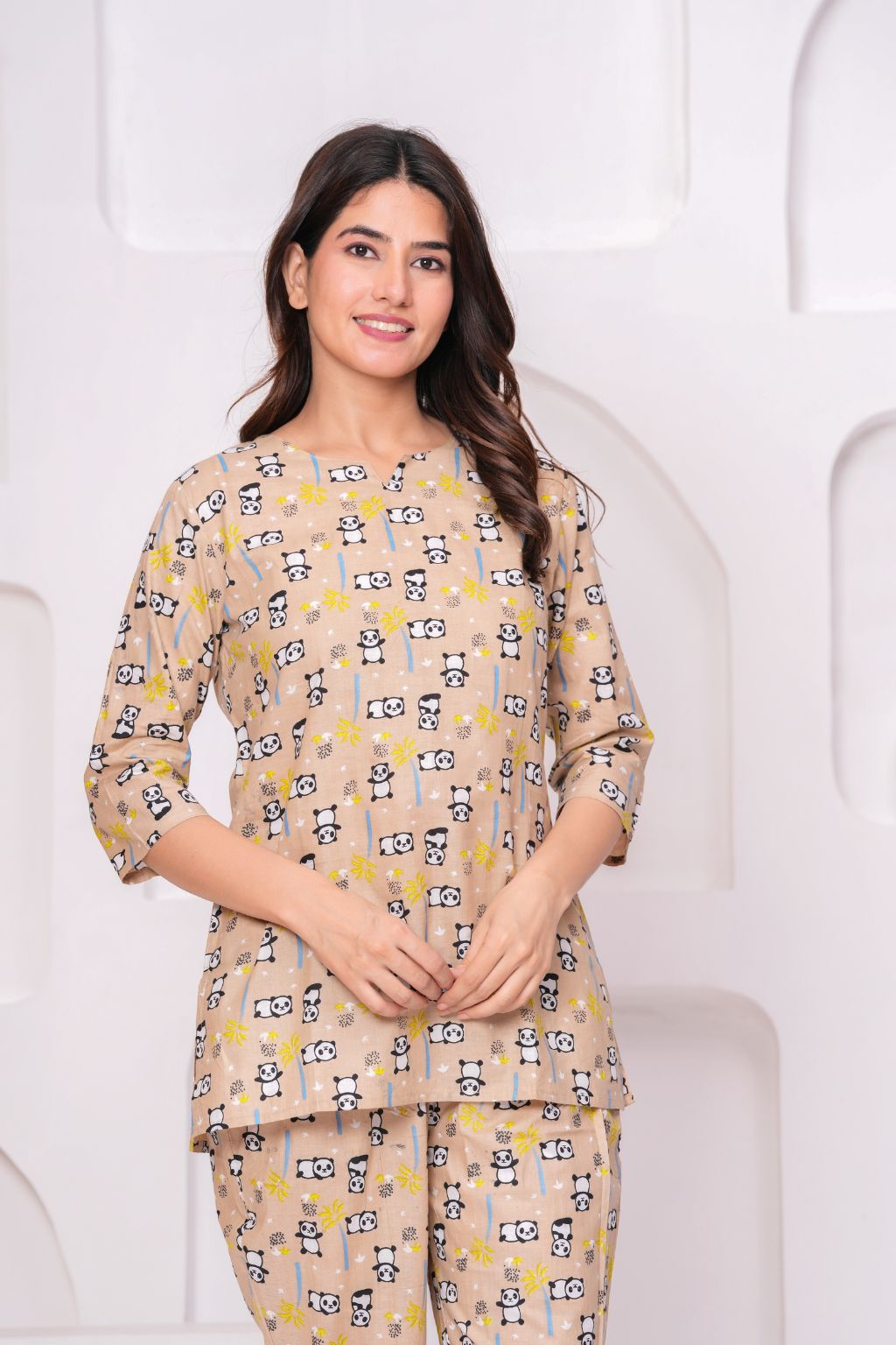Beige Cartoon Printed Cotton Night Suit Set for Women