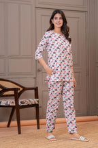 White Elephant Printed Cotton Night Suit Set for Women