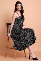 Black Floral Printed Viscose Rayon Fit & Flare Dress for Women