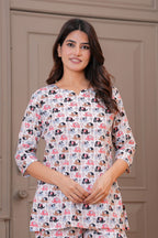 White Elephant Printed Cotton Night Suit Set for Women