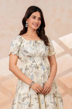 Women's Cream Floral Print Smocked Waist Mini Dress