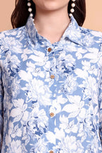 Women Blue Floral Printed Viscose Rayon Kurta Set | Shirt Collar Kurti with Pants
