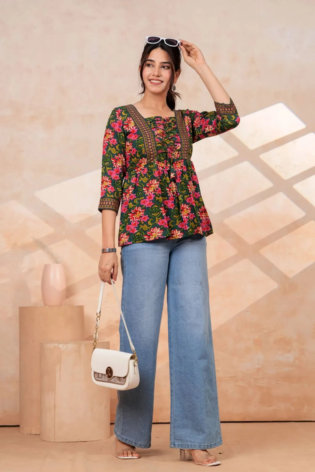 Women's Floral Printed Rayon Peplum Top | 3/4 Sleeves | Lace-Up Front Detail