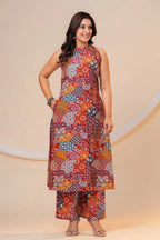 Rust Multi-Print Viscose Rayon A-Line Kurta Set for Women