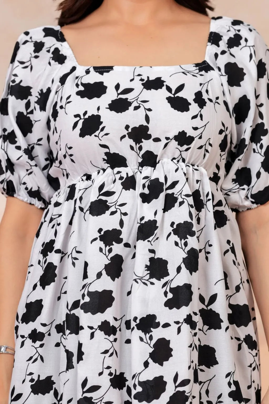Women's Black & White Floral Print Fit & Flare Mini Dress