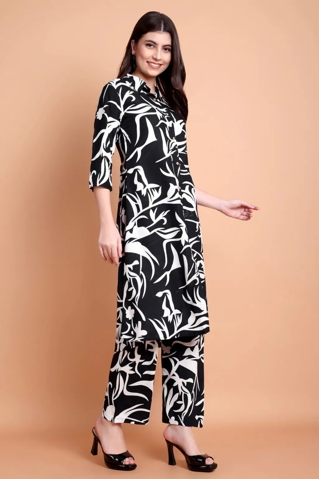 Women Black Abstract Printed Viscose Rayon Kurta Set | Shirt Collar Kurti with Pants