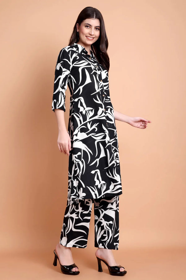 Women Black Abstract Printed Viscose Rayon Kurta Set | Shirt Collar Kurti with Pants