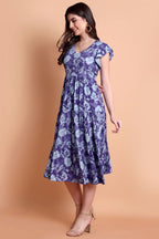 Purple Printed Viscose Rayon Tiered Midi Dress for Women
