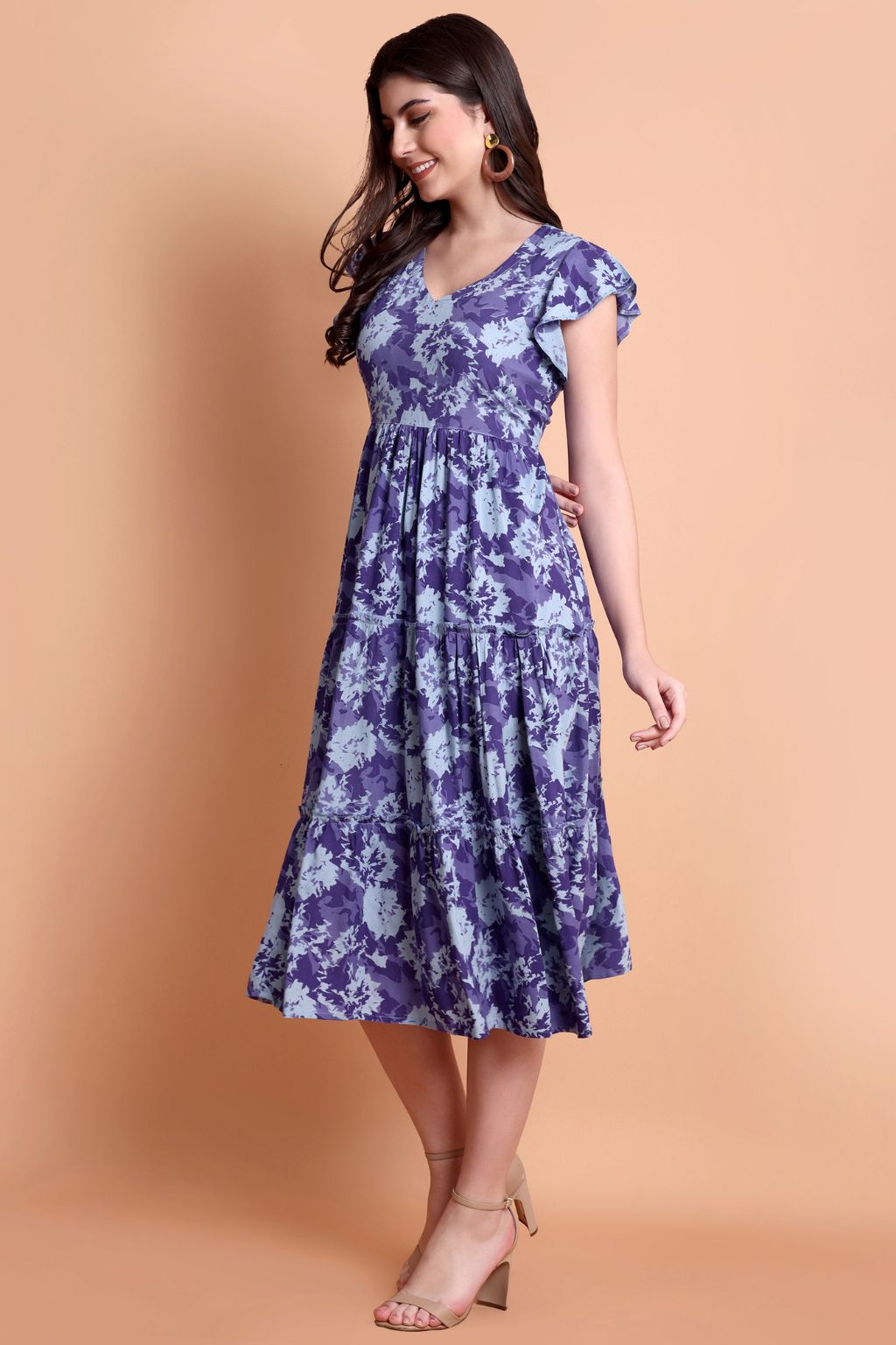 Purple Printed Viscose Rayon Tiered Midi Dress for Women