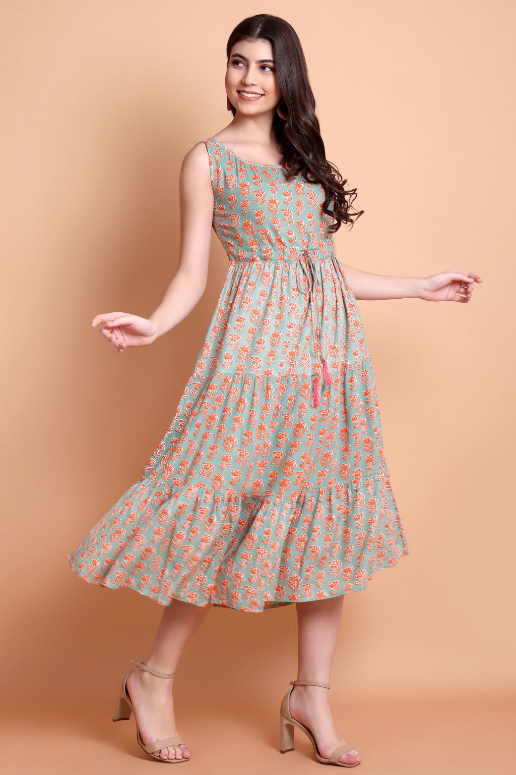 Sea Green Floral Printed Sleeveless Midi Dress for Women