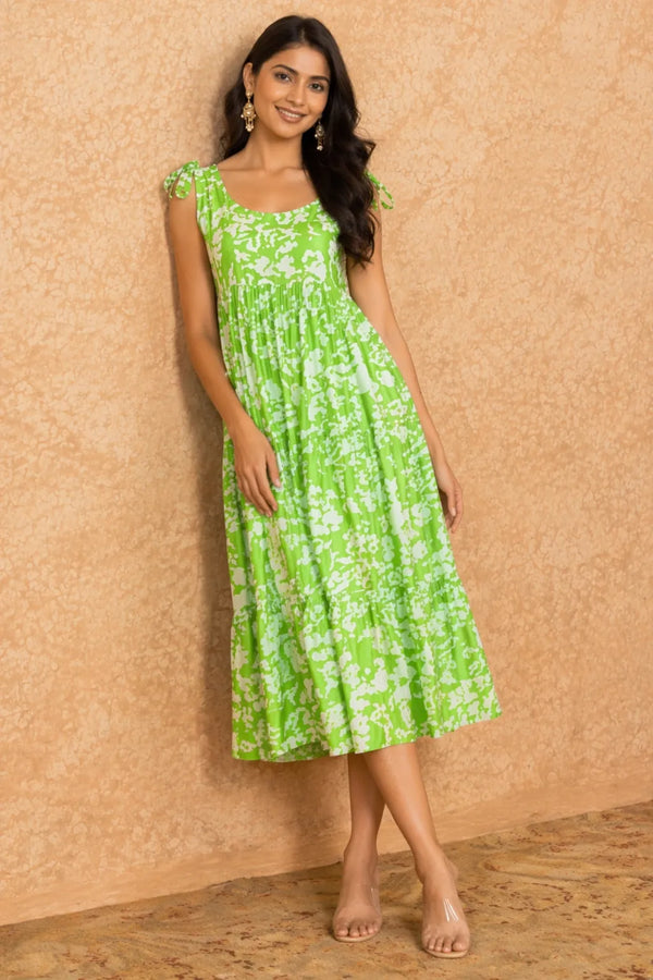 Women Green Printed Viscose Rayon Midi Dress | Sleeveless Tie-Up Strap A-Line Dress
