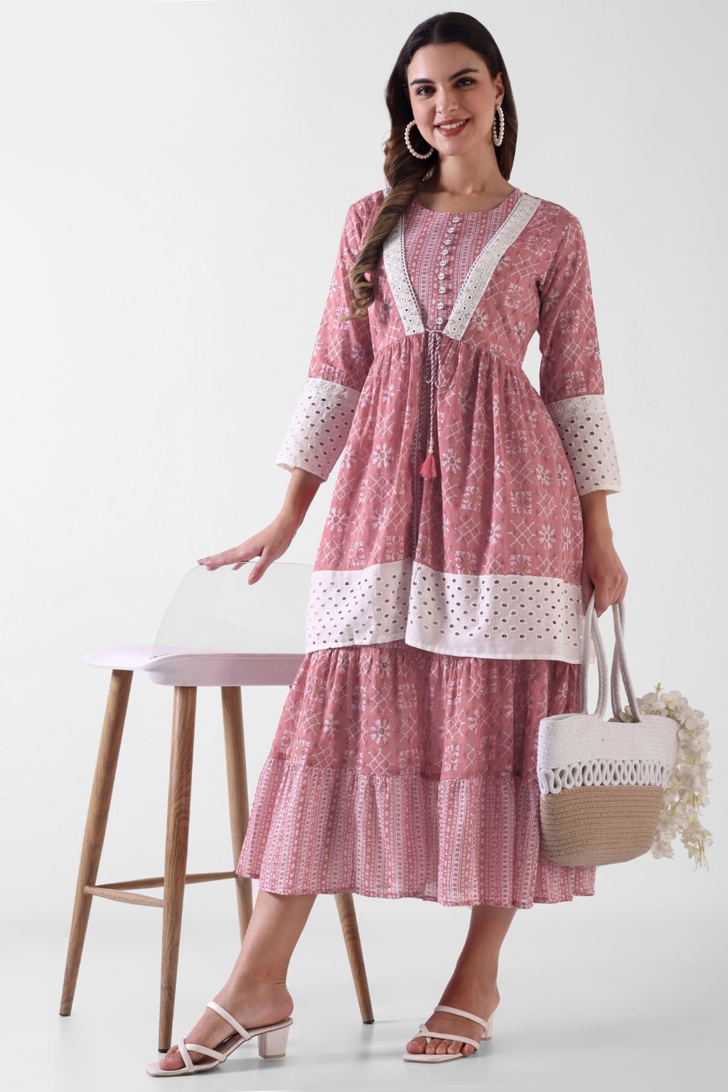 Pink Printed Viscose Rayon Tiered Midi Dress for Women
