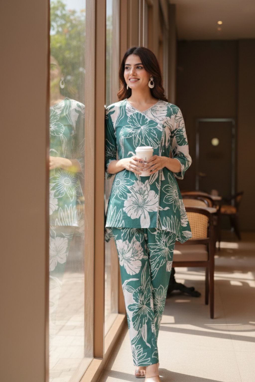 Green Floral Printed Cotton Co-ord Set for Women