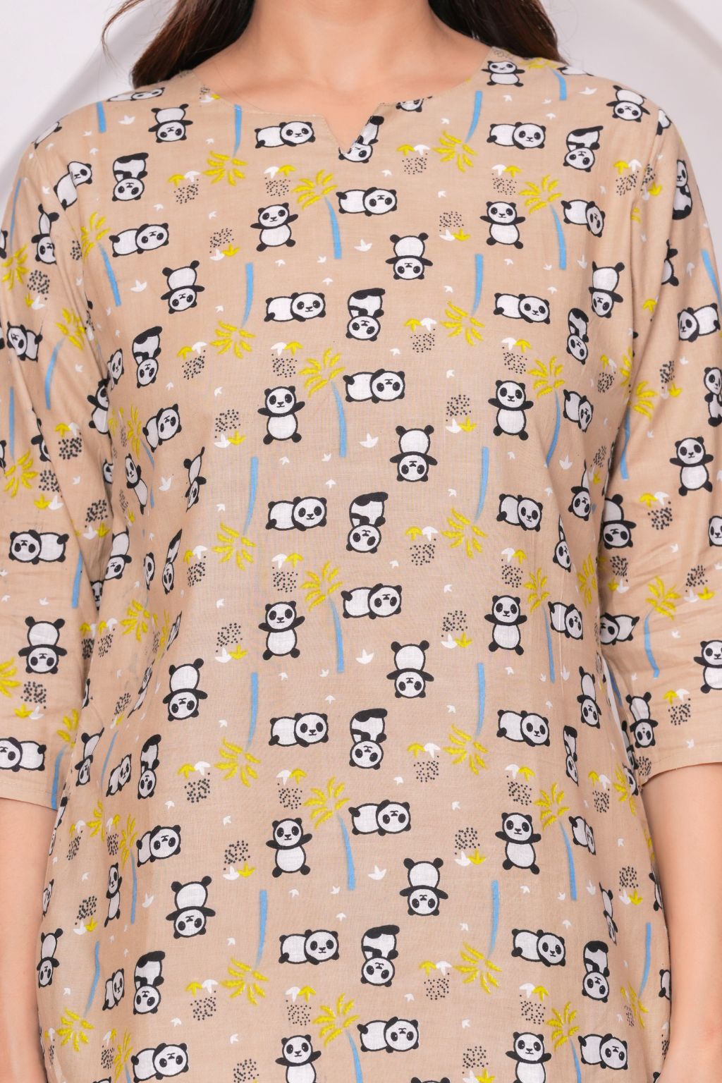 Beige Cartoon Printed Cotton Night Suit Set for Women