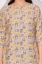 Beige Cartoon Printed Cotton Night Suit Set for Women