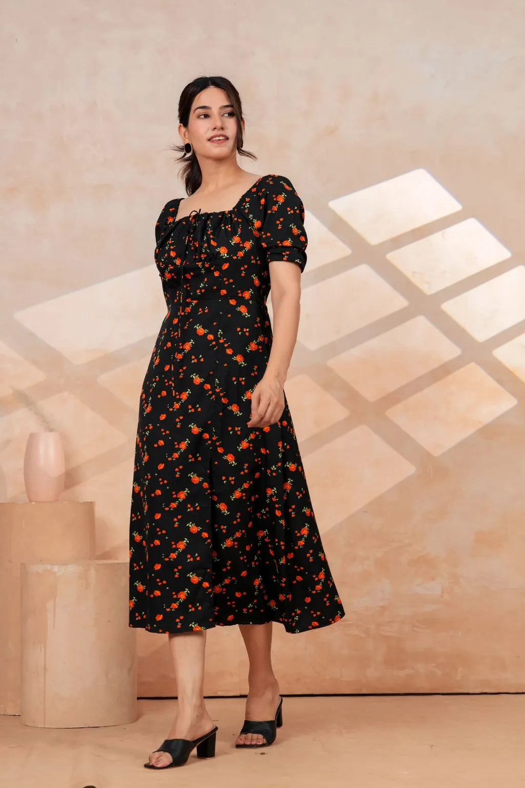 Black Floral Printed Rayon Midi Dress with Side Slit