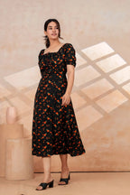 Black Floral Printed Rayon Midi Dress with Side Slit