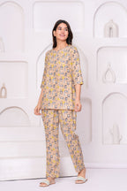 Beige Cartoon Printed Cotton Night Suit Set for Women