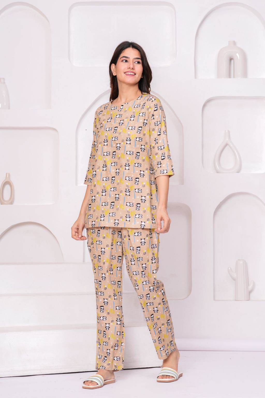 Beige Cartoon Printed Cotton Night Suit Set for Women