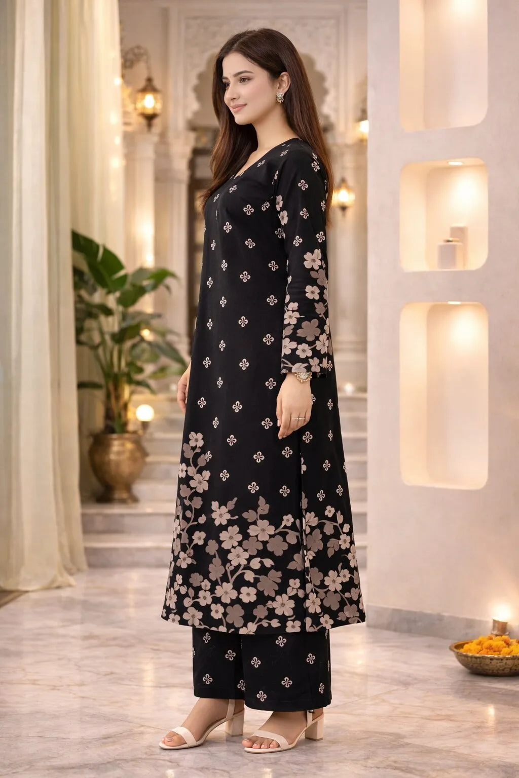Elegant Black Floral Printed Viscose Rayon Kurta Set for Women
