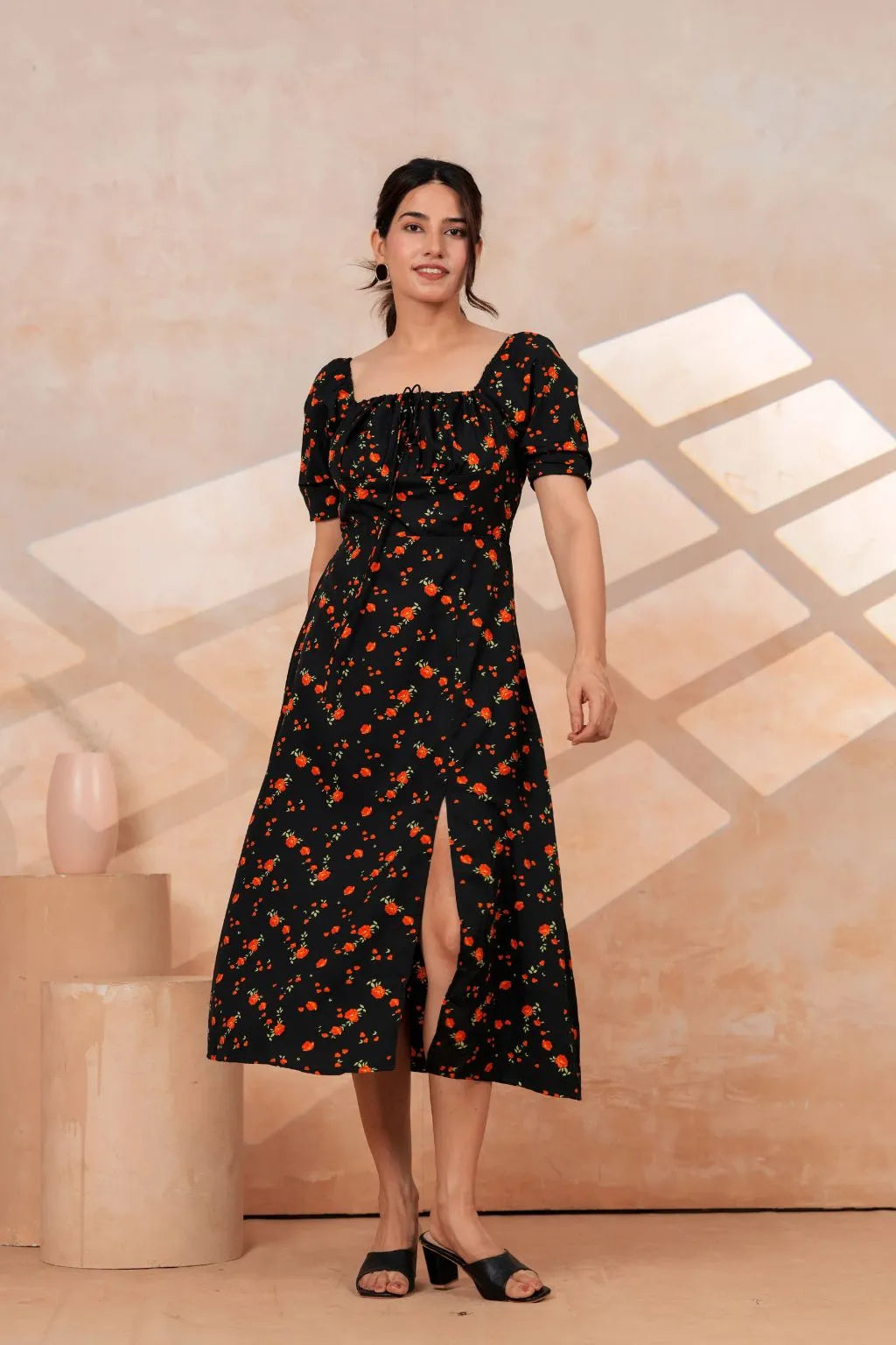 Black Floral Printed Rayon Midi Dress with Side Slit