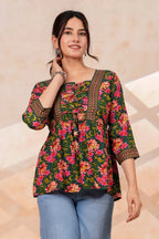 Women's Floral Printed Rayon Peplum Top | 3/4 Sleeves | Lace-Up Front Detail