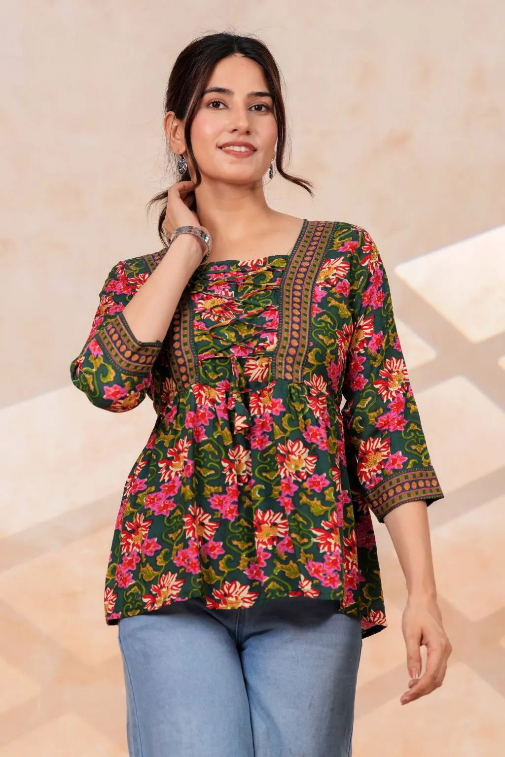 Women's Floral Printed Rayon Peplum Top | 3/4 Sleeves | Lace-Up Front Detail