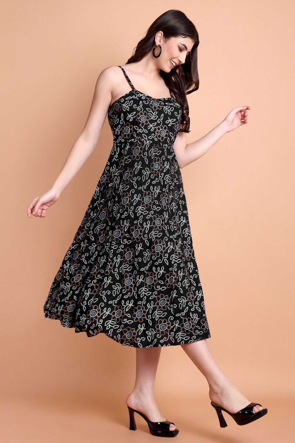 Black Floral Printed Viscose Rayon Fit & Flare Dress for Women