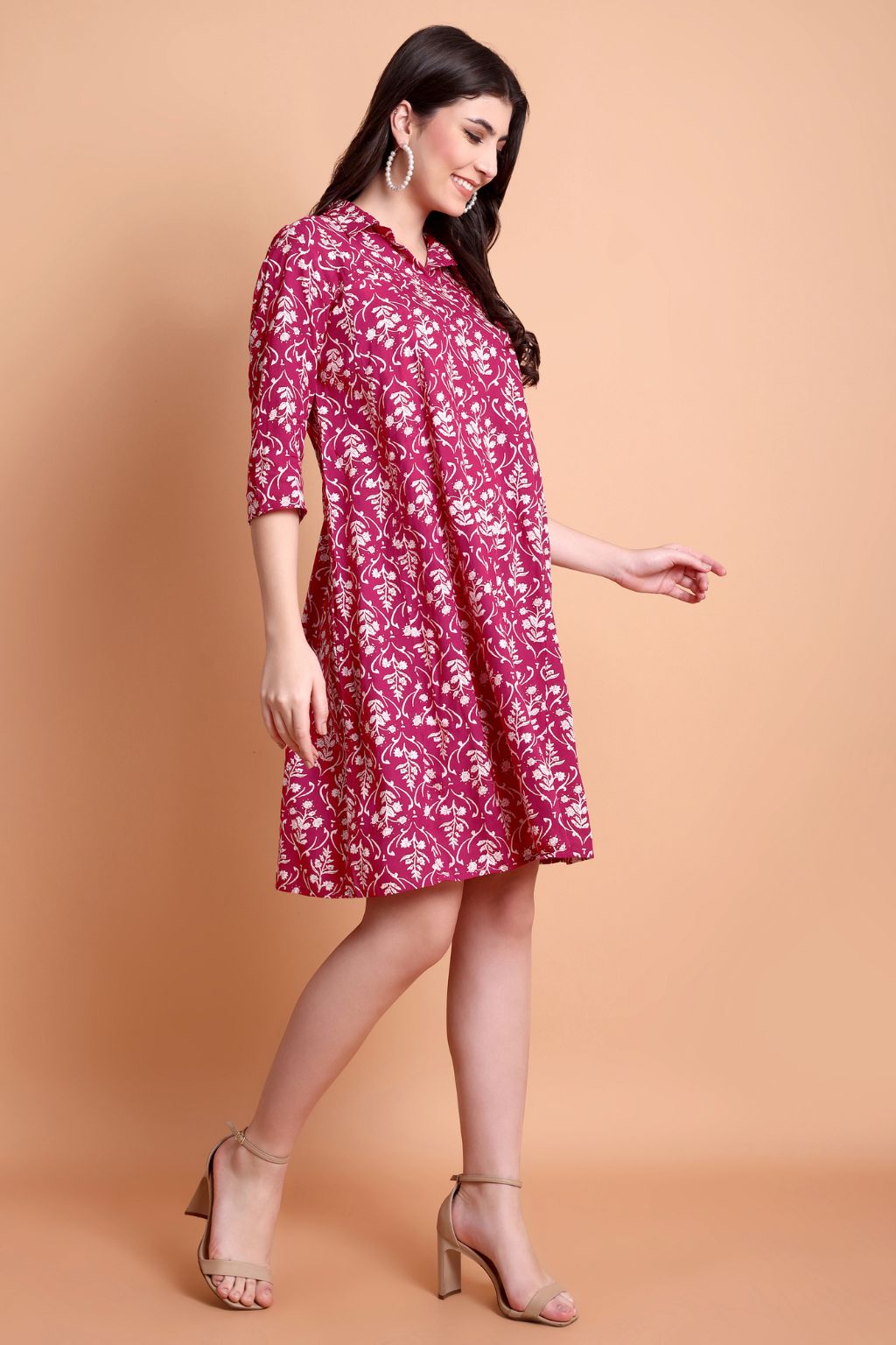 Pink Floral Printed Viscose Rayon A-Line Kurti for Women