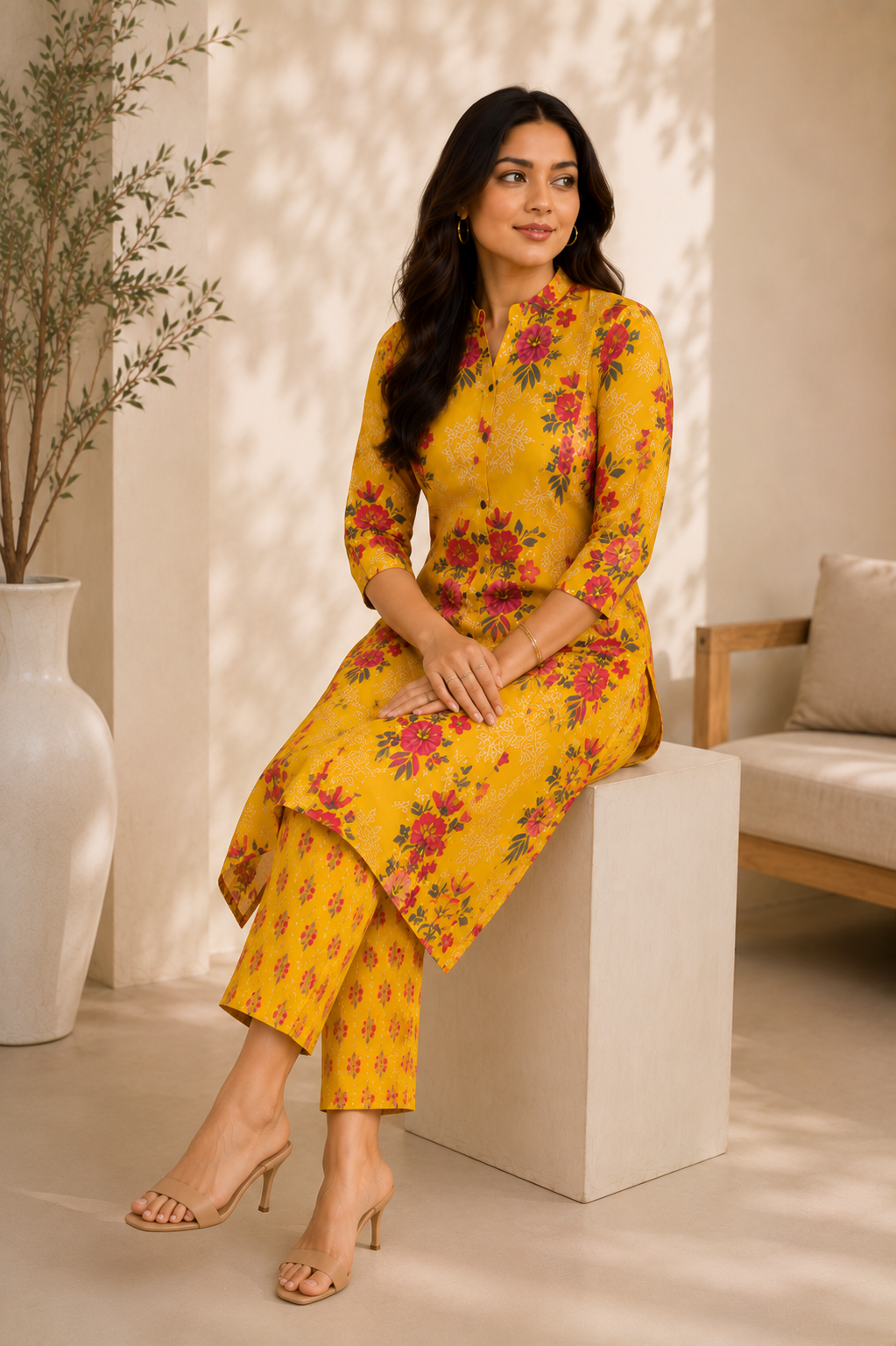 Mustard Floral Kurta Set