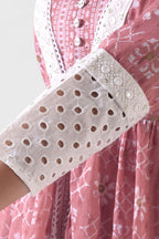 Pink Printed Viscose Rayon Tiered Midi Dress for Women