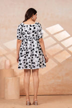 Women's Black & White Floral Print Fit & Flare Mini Dress