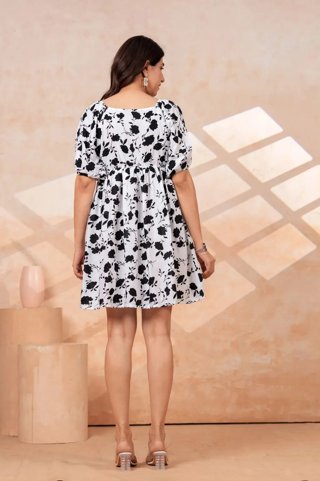 Women's Black & White Floral Print Fit & Flare Mini Dress