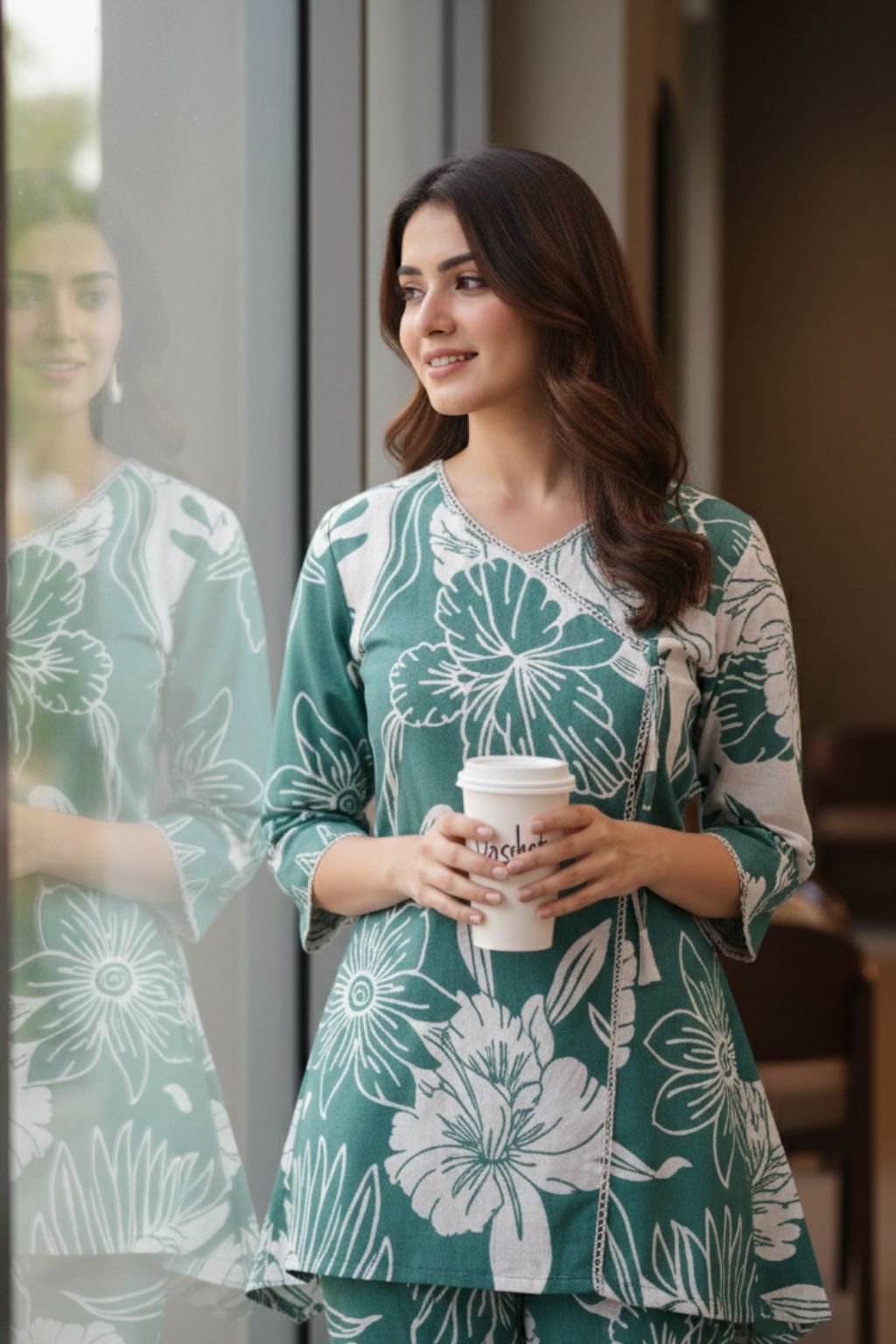 Green Floral Printed Cotton Co-ord Set for Women