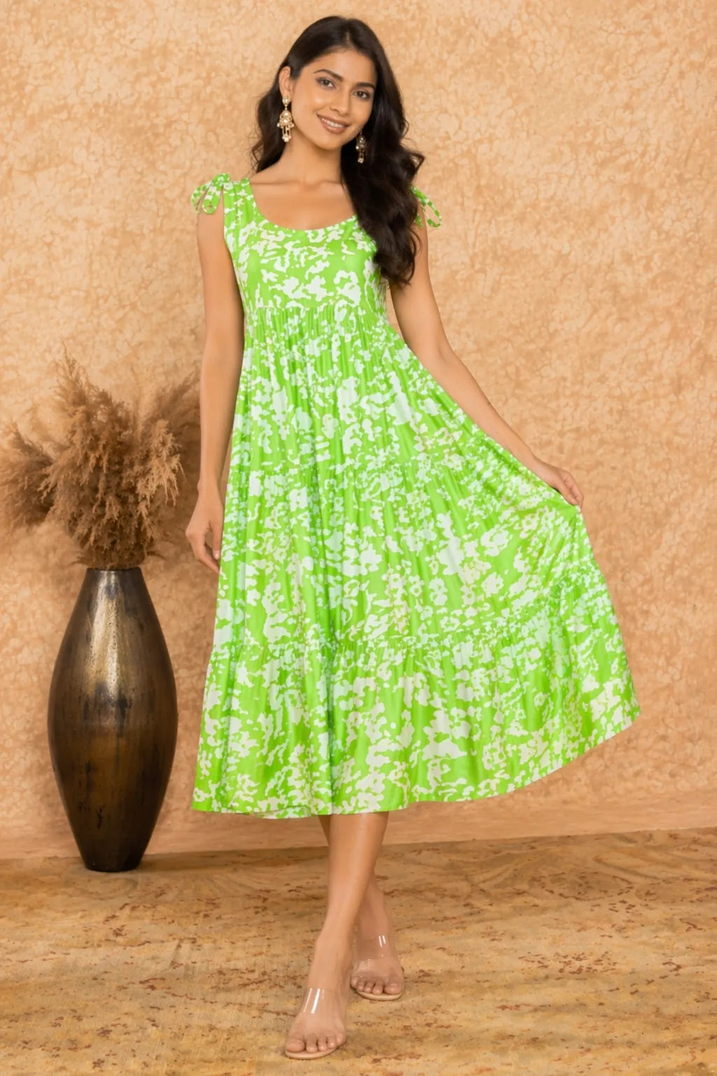 Women Green Printed Viscose Rayon Midi Dress | Sleeveless Tie-Up Strap A-Line Dress